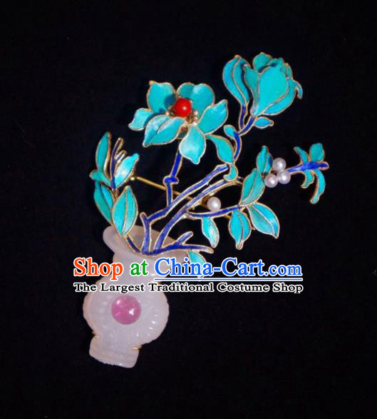 China Traditional Qing Dynasty Blueing Peony Breastpin Jewelry Handmade Jade Vase Brooch Accessories