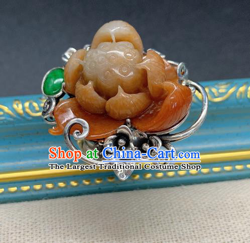 Chinese Handmade Ethnic Agate Lotus Ring National Silver Carving Circlet Jewelry