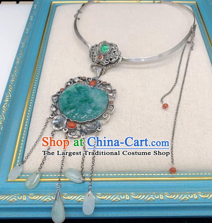 Handmade Chinese National Silver Tassel Necklet Pendant Jadeite Necklace Accessories