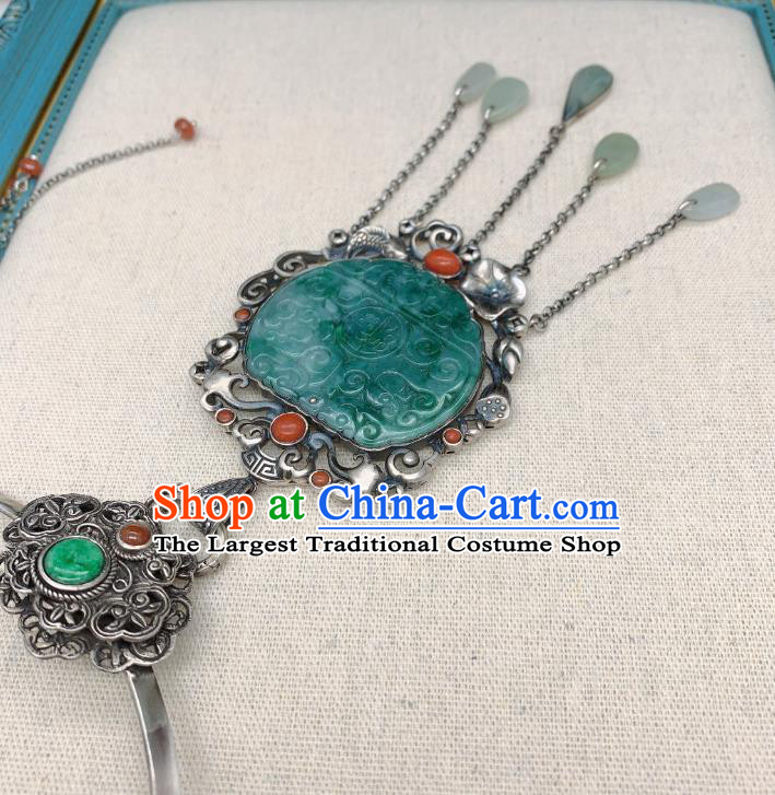 Handmade Chinese National Silver Tassel Necklet Pendant Jadeite Necklace Accessories