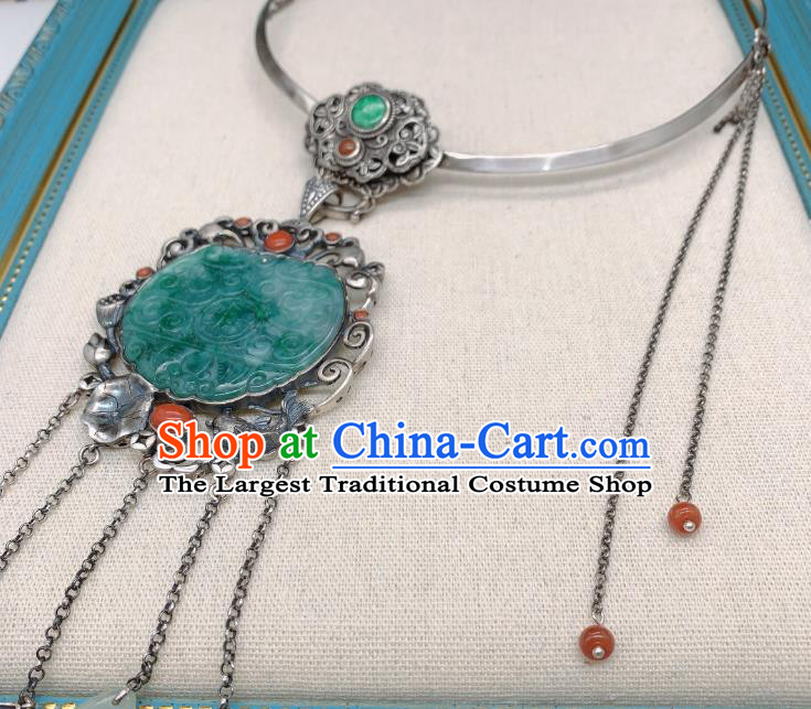 Handmade Chinese National Silver Tassel Necklet Pendant Jadeite Necklace Accessories