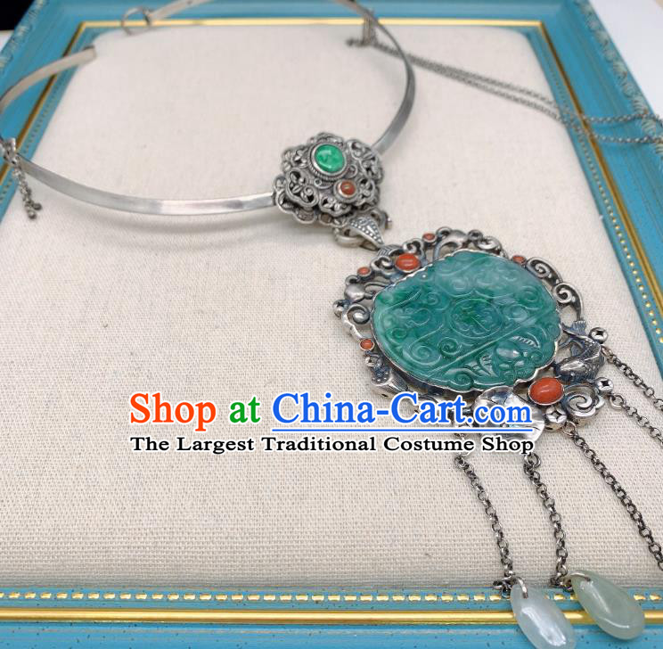 Handmade Chinese National Silver Tassel Necklet Pendant Jadeite Necklace Accessories