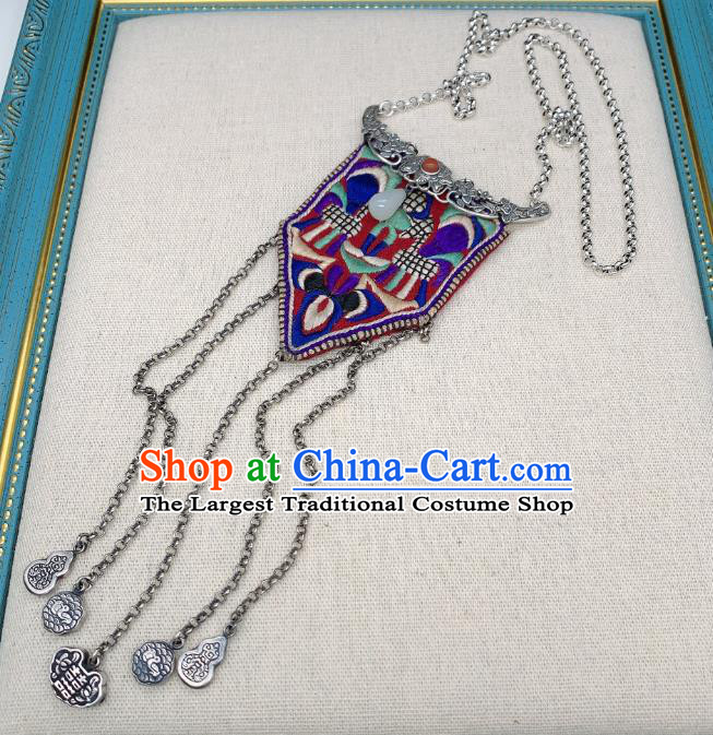 Handmade Chinese Embroidered Necklace Accessories National Silver Tassel Necklet Pendant