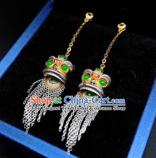 China National Golden Lion Earrings Jewelry Traditional Cheongsam Jade Ear Accessories