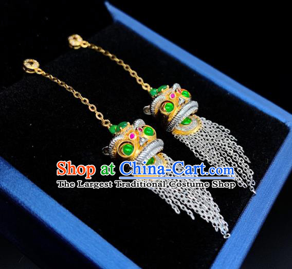 China National Golden Lion Earrings Jewelry Traditional Cheongsam Jade Ear Accessories