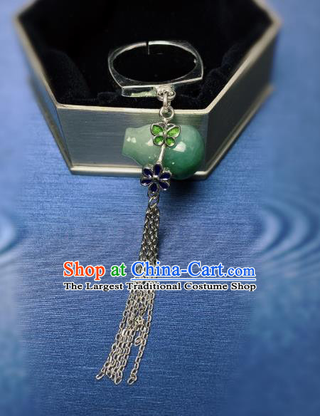 Chinese Handmade Jadeite Gourd Ring National Silver Tassel Circlet Jewelry