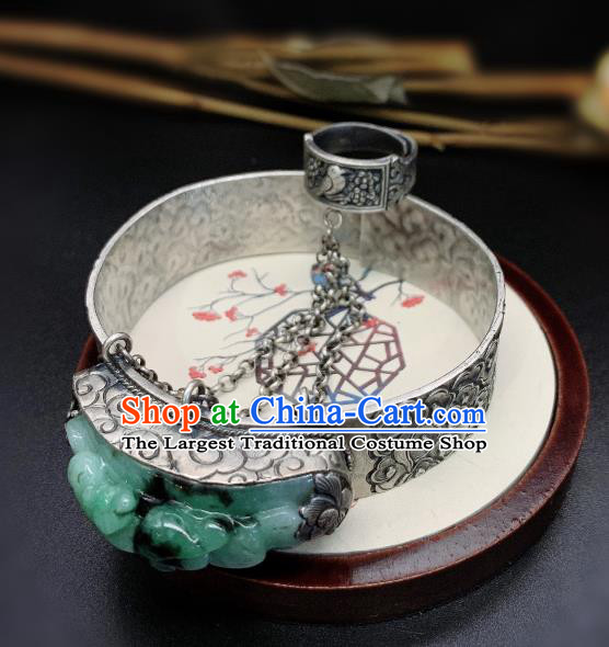 Handmade Chinese Silver Carving Bangle Accessories National Jadeite Bracelet