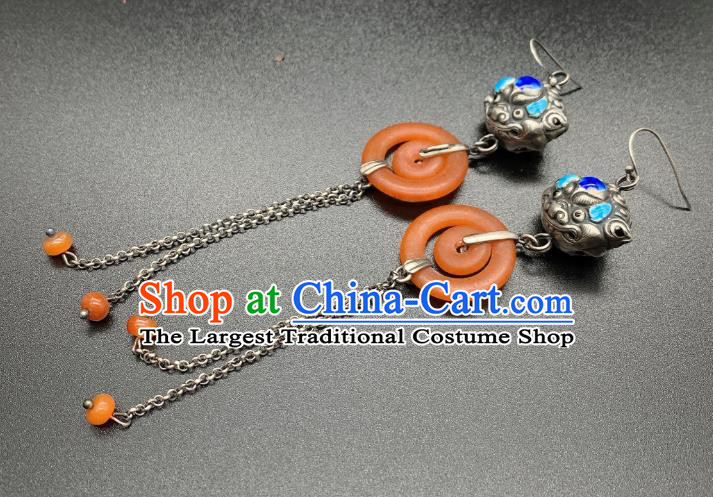 China National Blueing Silver Lion Earrings Jewelry Traditional Cheongsam Agate Ear Accessories