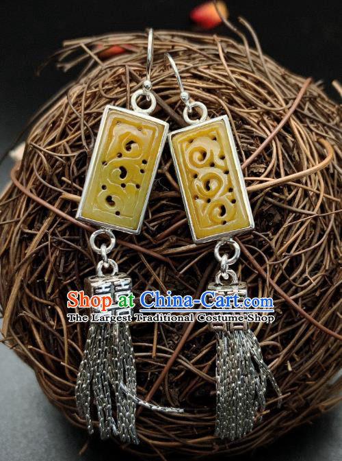 China National Wedding Silver Tassel Earrings Jewelry Traditional Cheongsam Jadeite Ear Accessories