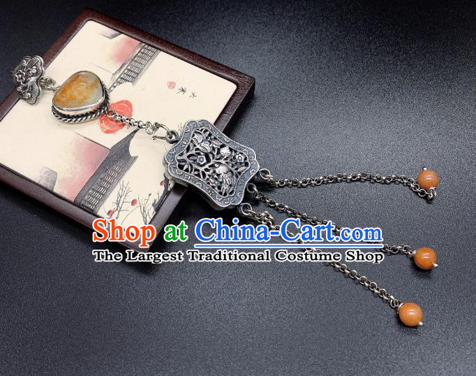 Handmade Chinese Jade Tassel Accessories National Silver Carving Brooch Pendant