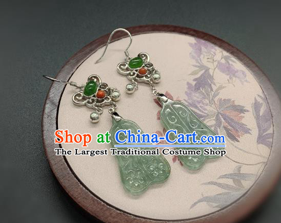 China Traditional Silver Ear Accessories National Cheongsam Jadeite Palm Fan Earrings Jewelry