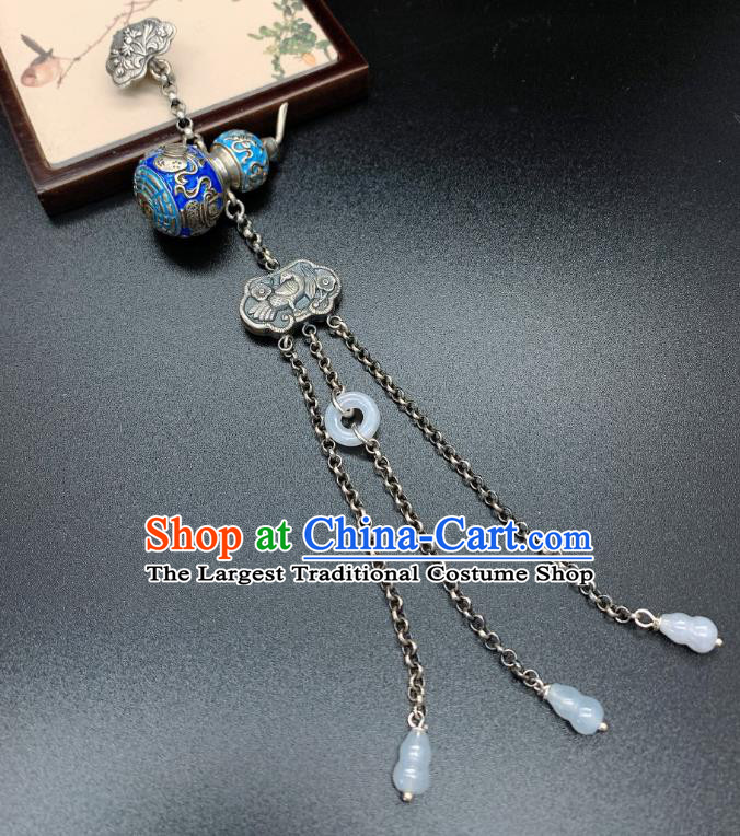 Handmade Chinese Blueing Silver Gourd Accessories National Jade Tassel Brooch Pendant