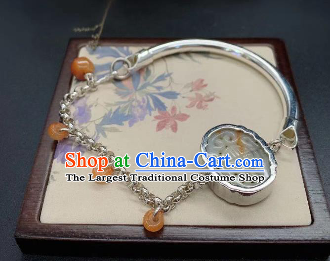 Handmade Chinese Wedding Silver Wristlet Accessories National Agate Carving Bracelet
