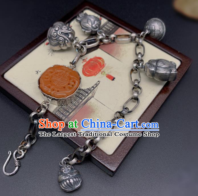 Handmade Chinese National Agate Carving Bracelet Wedding Silver Wristlet Accessories