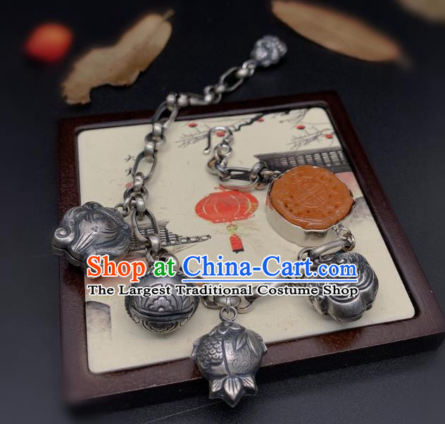 Handmade Chinese National Agate Carving Bracelet Wedding Silver Wristlet Accessories