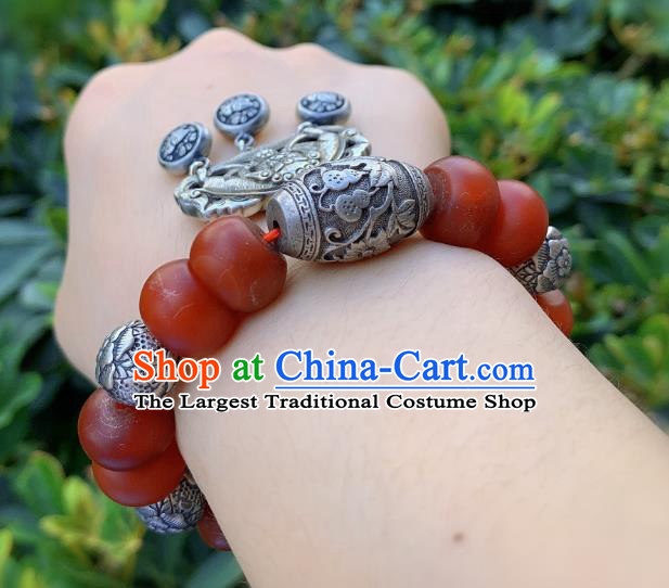 Handmade Chinese National Agate Beads Wristlet Accessories Wedding Silver Bucket Bracelet