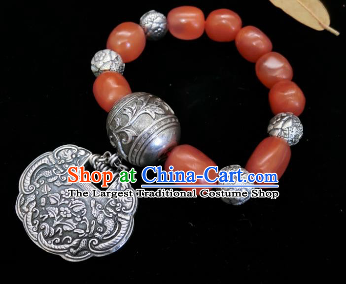 Handmade Chinese Wedding Silver Lock Bracelet National Agate Beads Wristlet Accessories