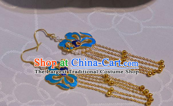 Chinese Traditional Blueing Butterfly Earrings Culture Jewelry Cheongsam Golden Tassel Ear Accessories
