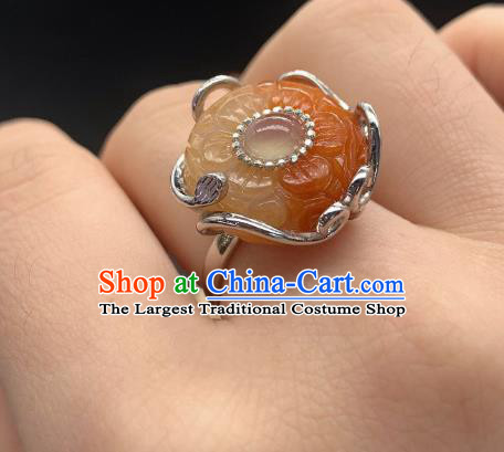 Chinese Handmade Silver Ring National Agate Plum Blossom Circlet Jewelry
