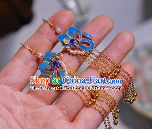 Chinese Traditional Blueing Butterfly Earrings Culture Jewelry Cheongsam Golden Tassel Ear Accessories
