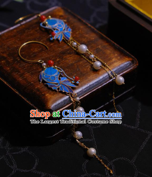 Chinese Cheongsam Pearls Tassel Ear Accessories Traditional Culture Jewelry Blueing Fish Earrings