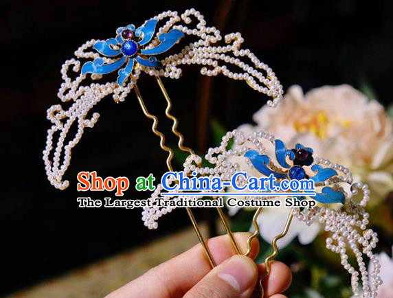 Chinese Traditional Hair Jewelry Pearls Hairpin Ancient Qing Dynasty Empress Blueing Lotus Hair Stick