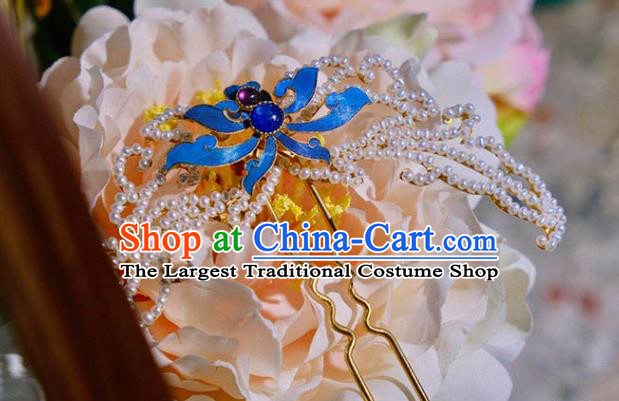 Chinese Traditional Hair Jewelry Pearls Hairpin Ancient Qing Dynasty Empress Blueing Lotus Hair Stick