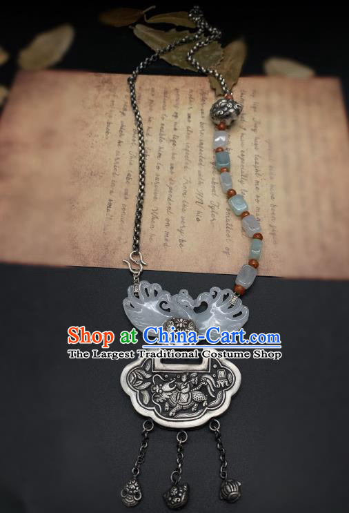 Handmade Chinese Jade Carving Phoenix Necklace Pendant National Silver Lock Tassel Necklet Accessories