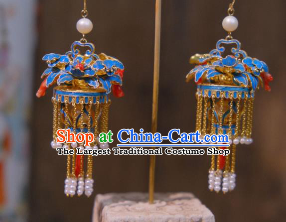 Chinese Cheongsam Blueing Peony Ear Accessories Traditional Culture Jewelry Pearls Tassel Earrings