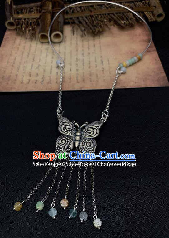Handmade Chinese Silver Butterfly Necklace Accessories National Jade Tassel Necklet Pendant