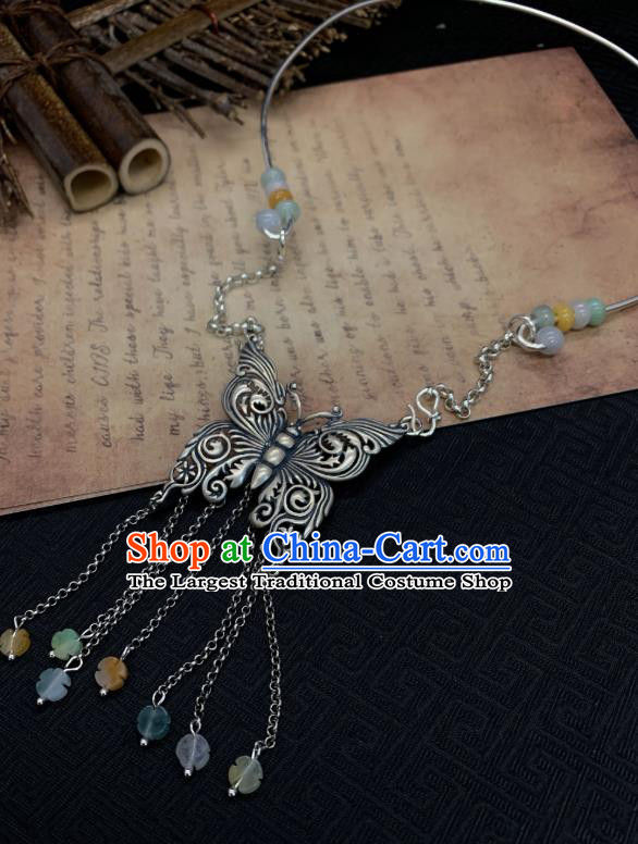 Handmade Chinese Silver Butterfly Necklace Accessories National Jade Tassel Necklet Pendant