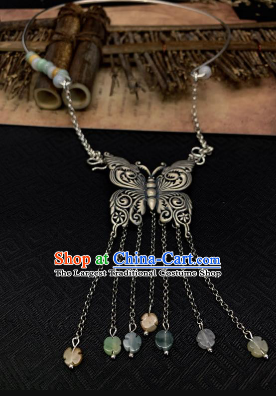 Handmade Chinese Silver Butterfly Necklace Accessories National Jade Tassel Necklet Pendant