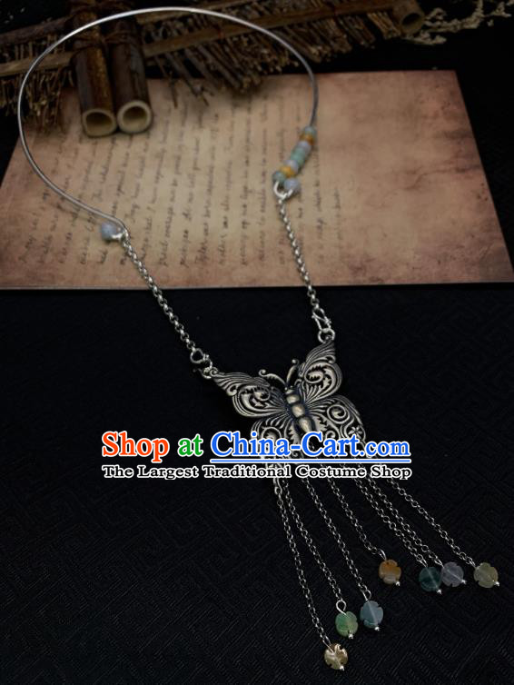 Handmade Chinese Silver Butterfly Necklace Accessories National Jade Tassel Necklet Pendant