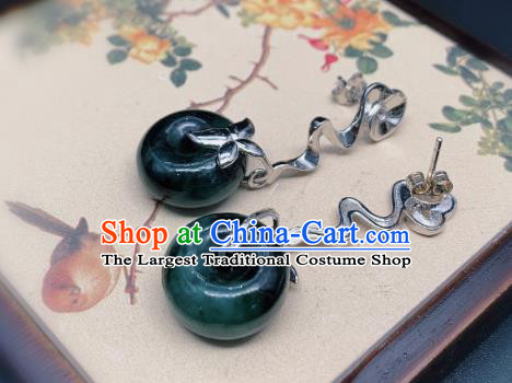 China Traditional Silver Ear Accessories National Cheongsam Jadeite Peace Buckle Earrings Jewelry
