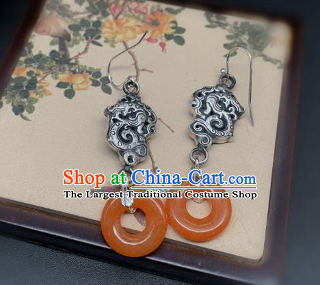 China Traditional Agate Peace Buckle Ear Accessories National Cheongsam Silver Dragon Earrings Jewelry