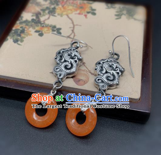 China Traditional Agate Peace Buckle Ear Accessories National Cheongsam Silver Dragon Earrings Jewelry