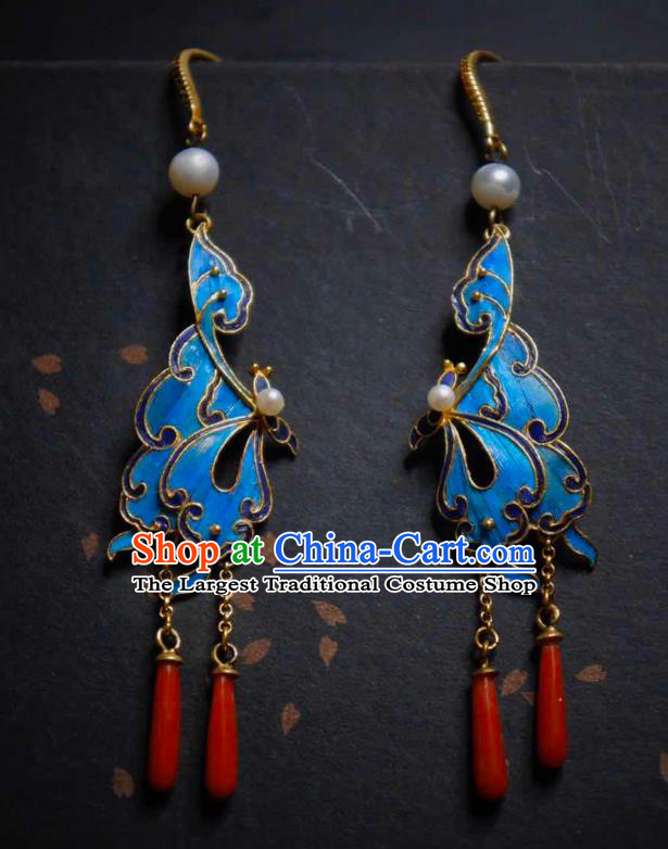 Handmade Chinese Traditional Culture Jewelry Cheongsam Agate Ear Accessories Blueing Butterfly Earrings