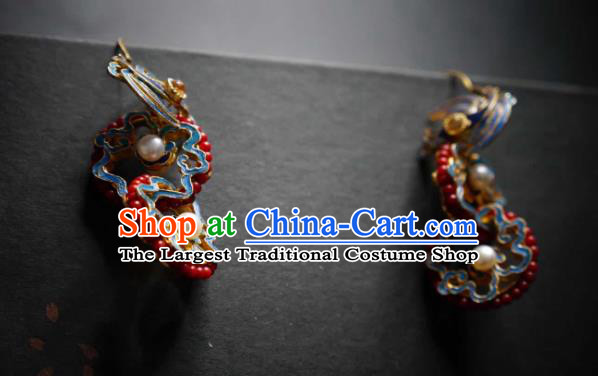 Handmade Chinese Cheongsam Coral Beads Ear Accessories Traditional Culture Jewelry Blueing Crane Earrings