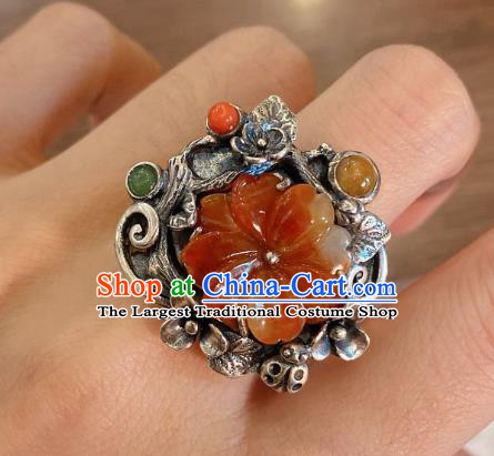 Chinese Handmade National Agate Circlet Wedding Jewelry Silver Plum Blossom Finger Ring