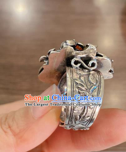 Chinese Handmade National Agate Circlet Wedding Jewelry Silver Plum Blossom Finger Ring
