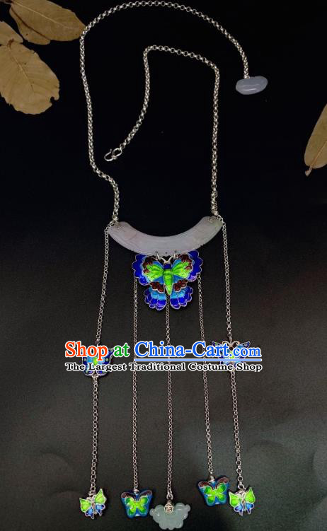 Handmade Chinese Blueing Butterfly Necklace Accessories National Jade Silver Necklet