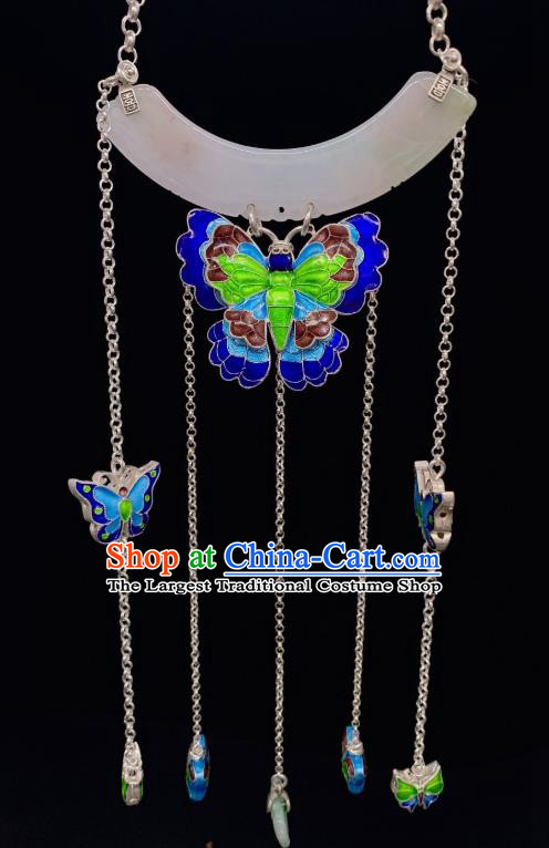 Handmade Chinese Blueing Butterfly Necklace Accessories National Jade Silver Necklet