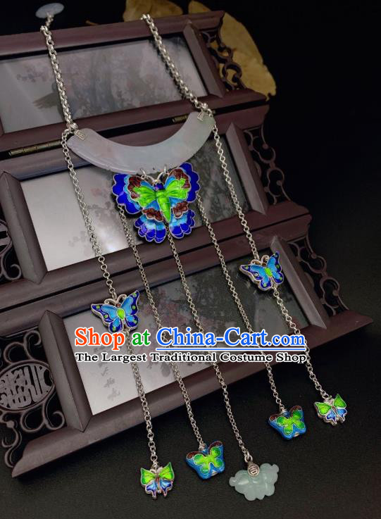 Handmade Chinese Blueing Butterfly Necklace Accessories National Jade Silver Necklet