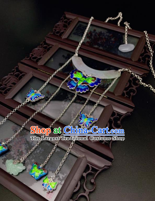 Handmade Chinese Blueing Butterfly Necklace Accessories National Jade Silver Necklet