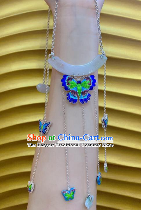 Handmade Chinese Blueing Butterfly Necklace Accessories National Jade Silver Necklet