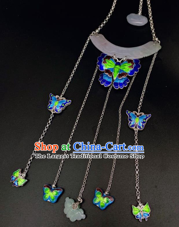 Handmade Chinese Blueing Butterfly Necklace Accessories National Jade Silver Necklet