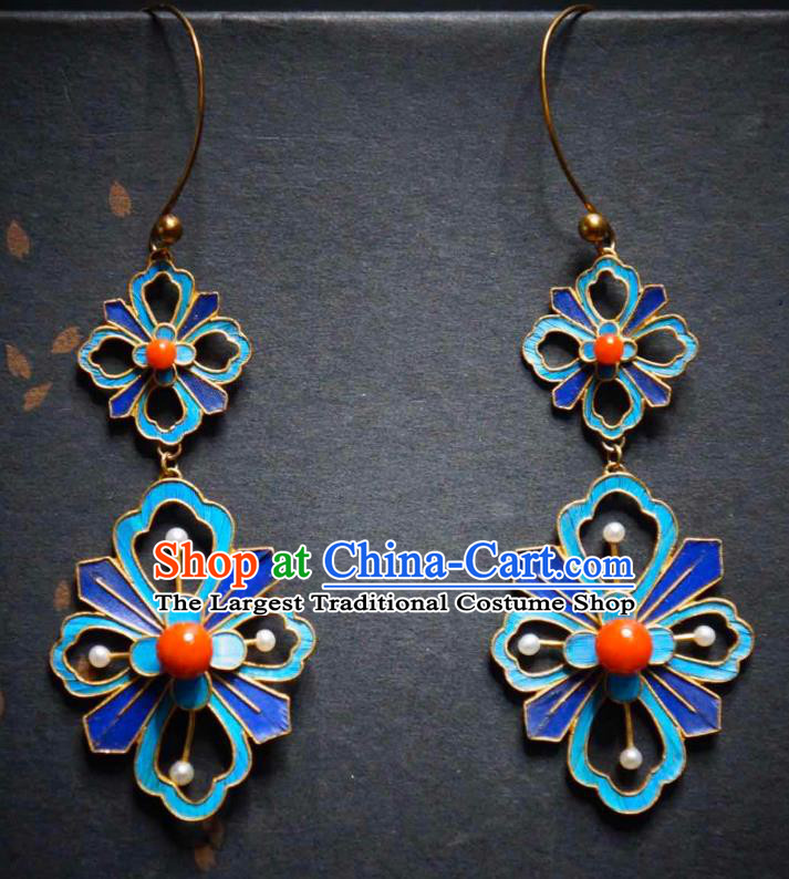 Handmade Chinese Cheongsam Blueing Flowers Ear Accessories Traditional Culture Jewelry Coral Earrings