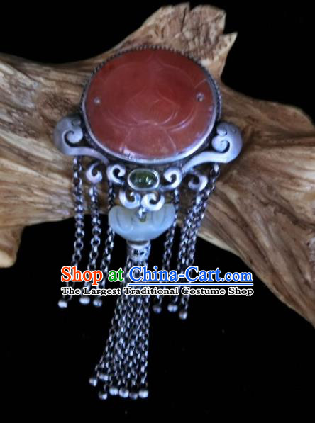 Handmade Chinese Jade Ingot Necklace Accessories National Agate Carving Lotus Necklet Pendant