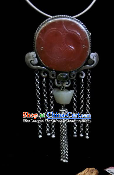 Handmade Chinese Jade Ingot Necklace Accessories National Agate Carving Lotus Necklet Pendant