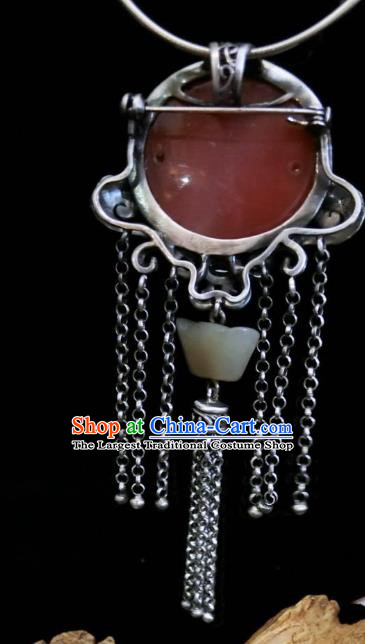 Handmade Chinese Jade Ingot Necklace Accessories National Agate Carving Lotus Necklet Pendant